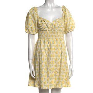 Faithfull The Brand Yellow Floral Puff Sleeve Smocked Mini Dress M